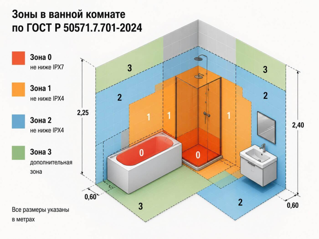 Зоны 0, 1, 2 и 3 в ванной комнате по ГОСТ