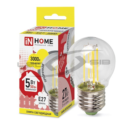 Лампа светодиодная LED-ШАР-deco 5W 230V E27 450Lm прозрачная IN HOME
