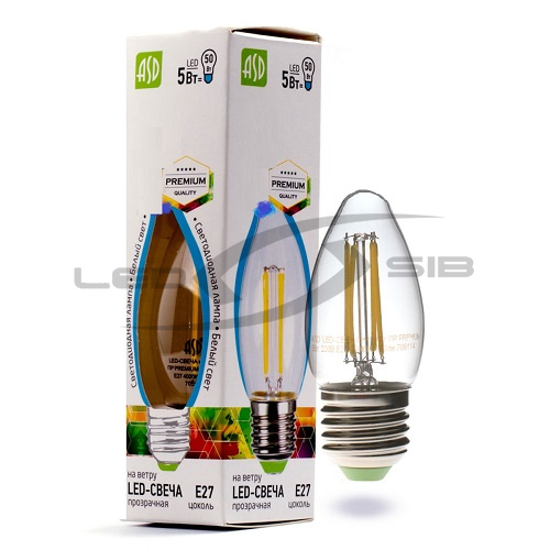 Лампа сд LED-СВЕЧА-PREMIUM 5.0W 230V Е27 450Lm прозрачная ASD