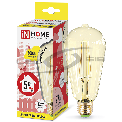 Лампа сд LED-ST64-deco 5W 230V Е27 3000К 450Lm золотистая IN HOME